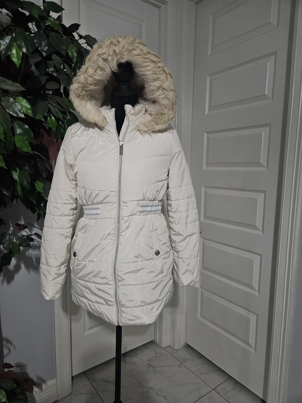 BCBGeneration Cream Hooded Puffer with Faux Fur Trim